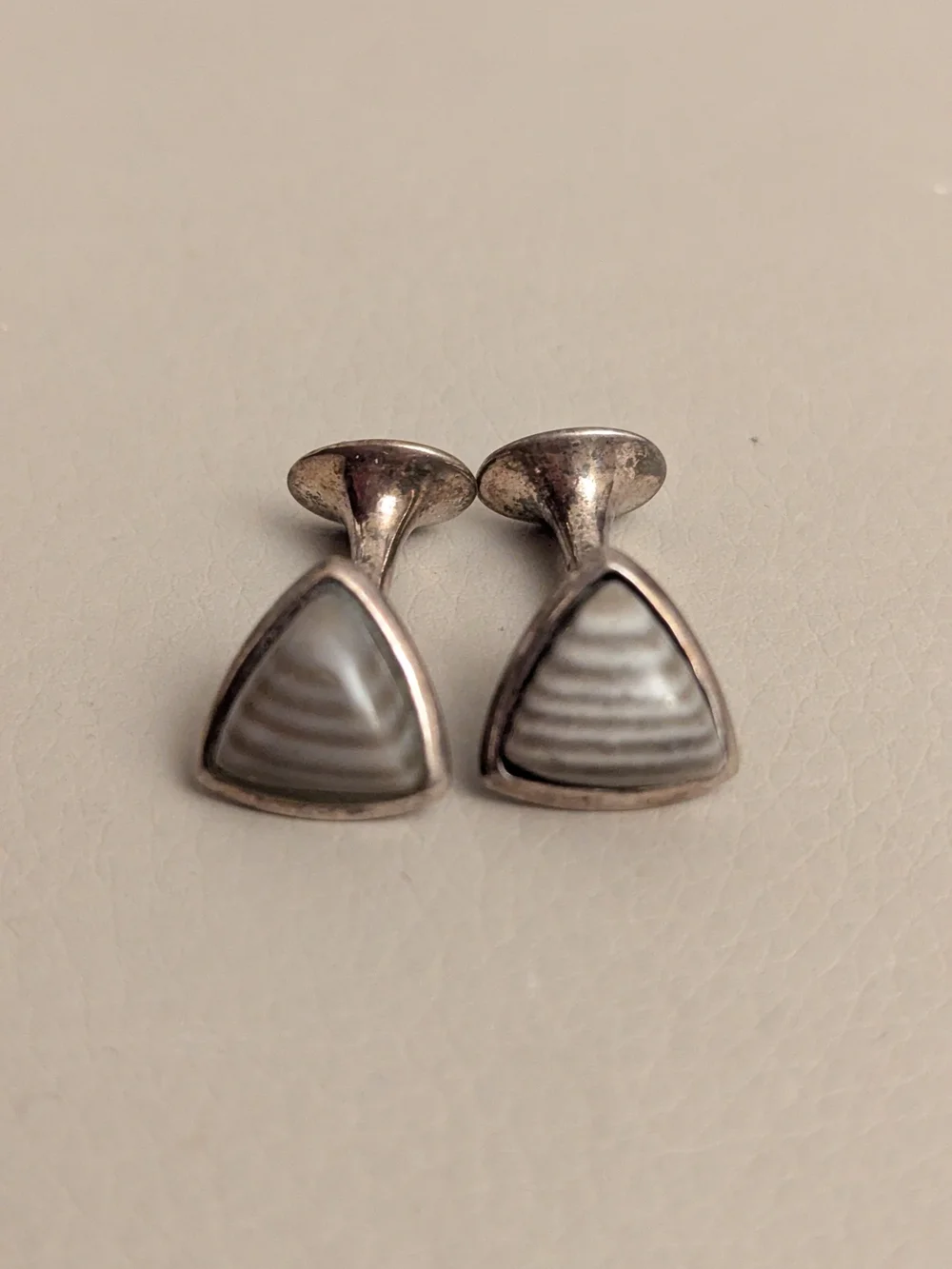 Vintage Mid Century 925 Silver Modernist Triangle Agate Cufflinks